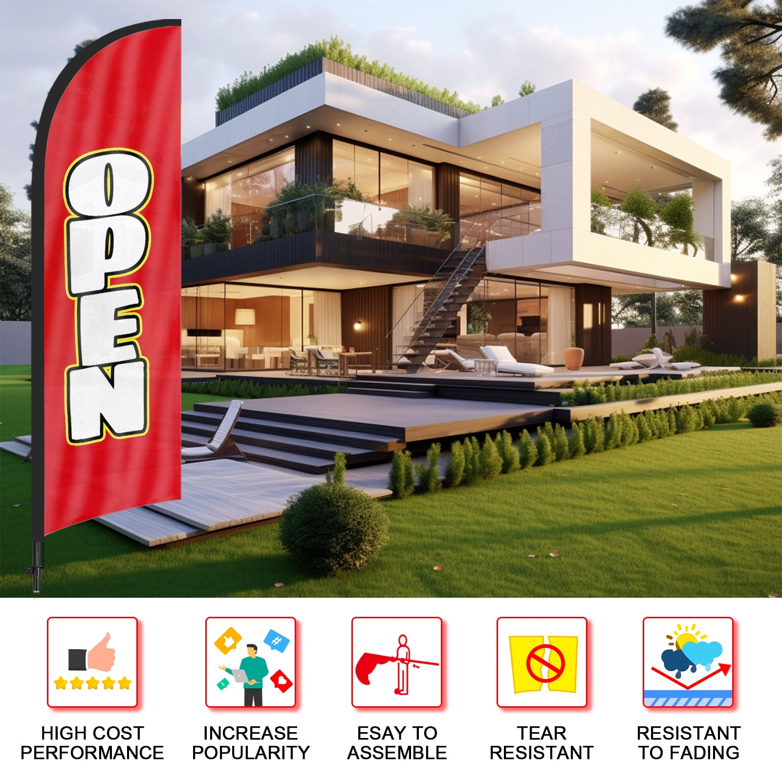 QSUM Open Feather Flag with Flag Pole Kit and Ground Spike, 8.2FT Open Windless Flag Banner Sign Business for Outdoor Advertising Sign Decoration Display(Red&White)