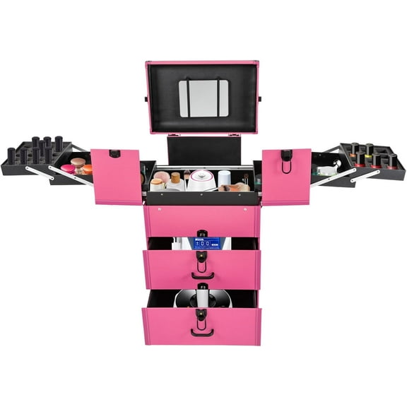Rolling Makeup Train Case, Large Cosmetic Storage Trolley Cosmetology Display Suitcase, Anti-Scratch Lockable Makeup Organizer Travel Case with Keys & Removable Wheels (Rose)
