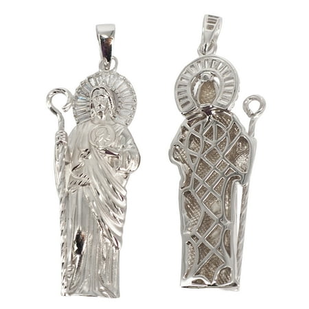 MST 925 Sterling Silver San Judas Saint Jude 3D Pendant Necklace Baguette CZ Rhodium-Plated, Italy, Unisex, All Ages