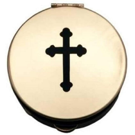 Pyx With Black Cross (PS161) - 1 1/2" Diameter, 1/2" Deep, Polished Brass, Holds 6-9 Hosts