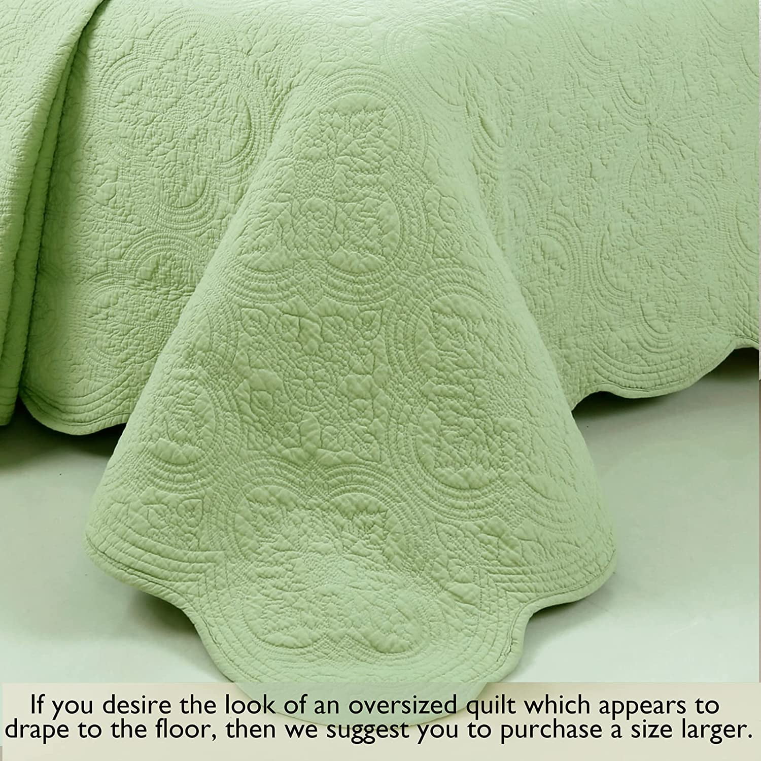 Cozy Line Victorian Medallion Matelasse Scalloped Edge 100% Cotton 3-Piece Green Quilt Bedding Set, Queen