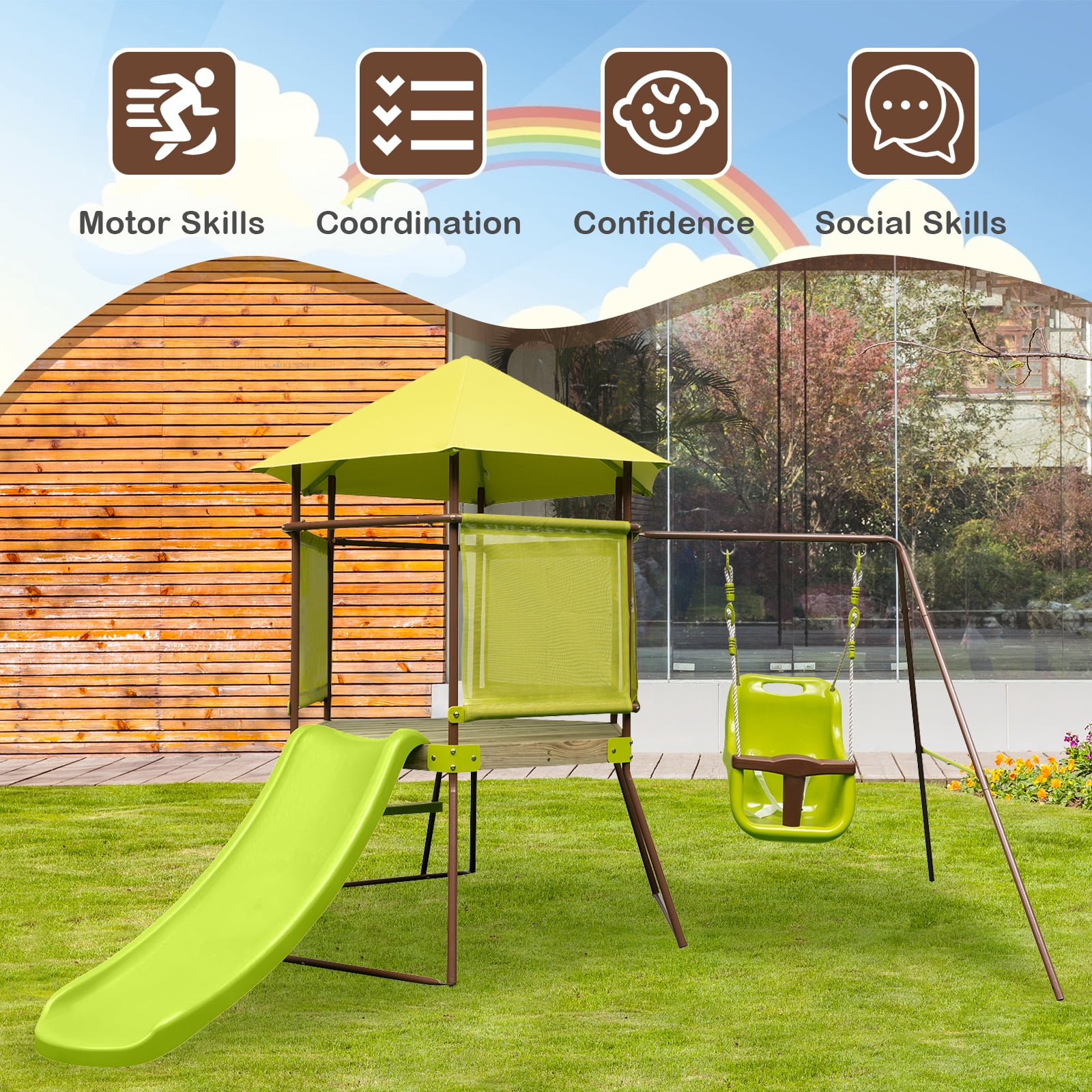Infans 4-in-1 Swing Set w/ Covered Playhouse Fort Height Adjustable Baby Seat Slide