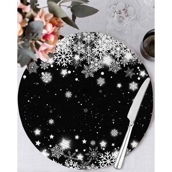15 Inch Round Placemats Set of 4, Black Christmas Snowflakes Non Slip Heat Insulation PP Table Mats, Xmas Winter Textured Washable Place Mats for Kitchen Dining Party Table Decor