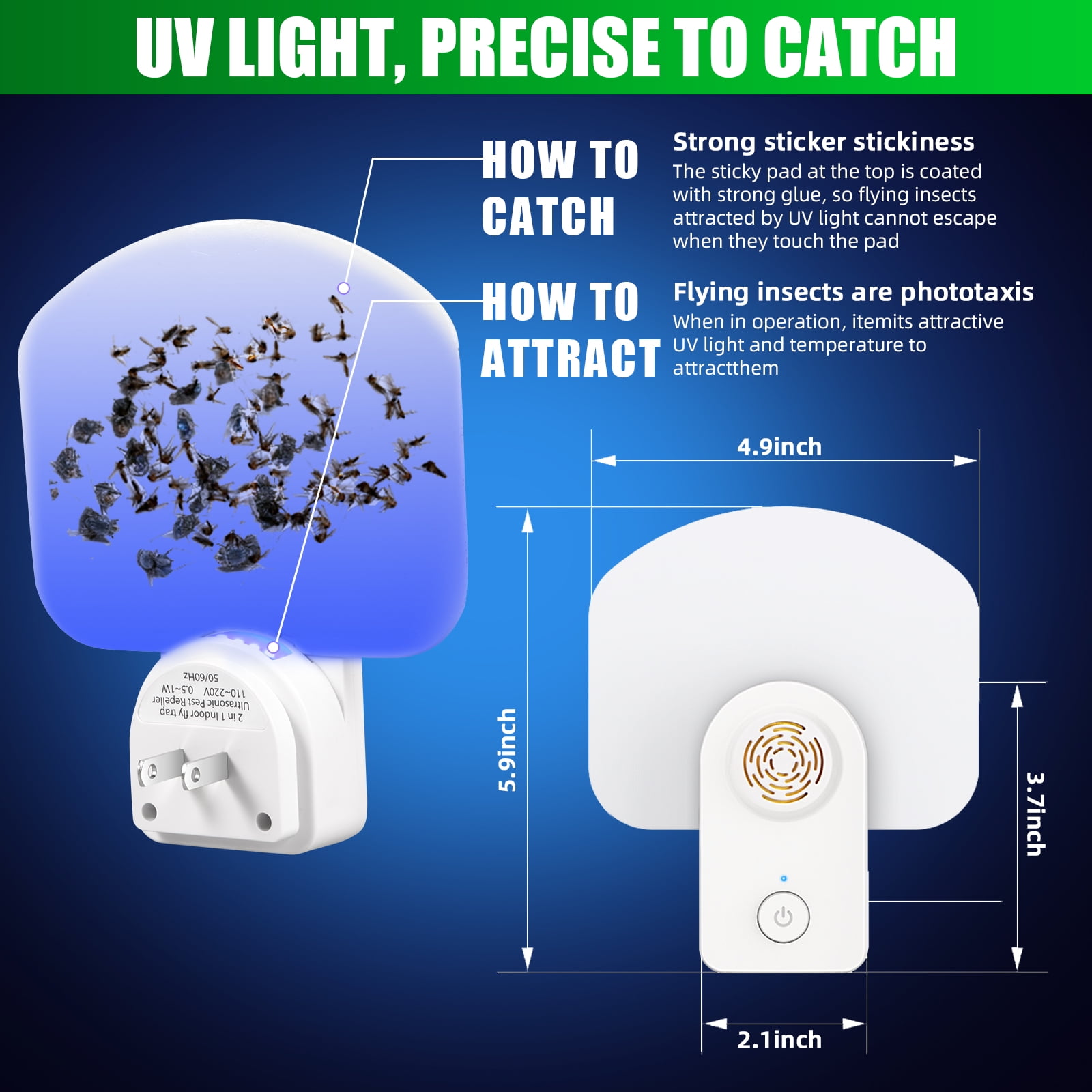 G · PEH 2-in-1 Plug-in Flying Insect Trap Mosquito Trap Gnat Killer Indoor Electric Insect Trap Ultrasonic Pest Repellent Home Office (2 PACK)