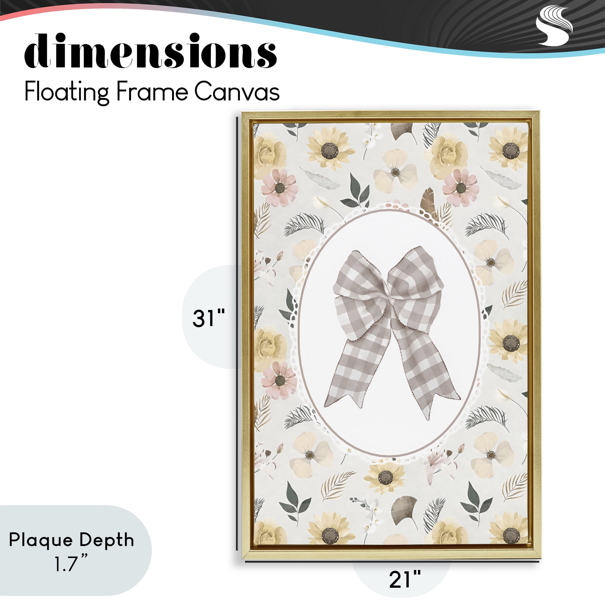 Stupell Industries Sunnyside Bow in Gingham Gold Framed Floater Canvas Wall Art, design by Ink Drop Loft