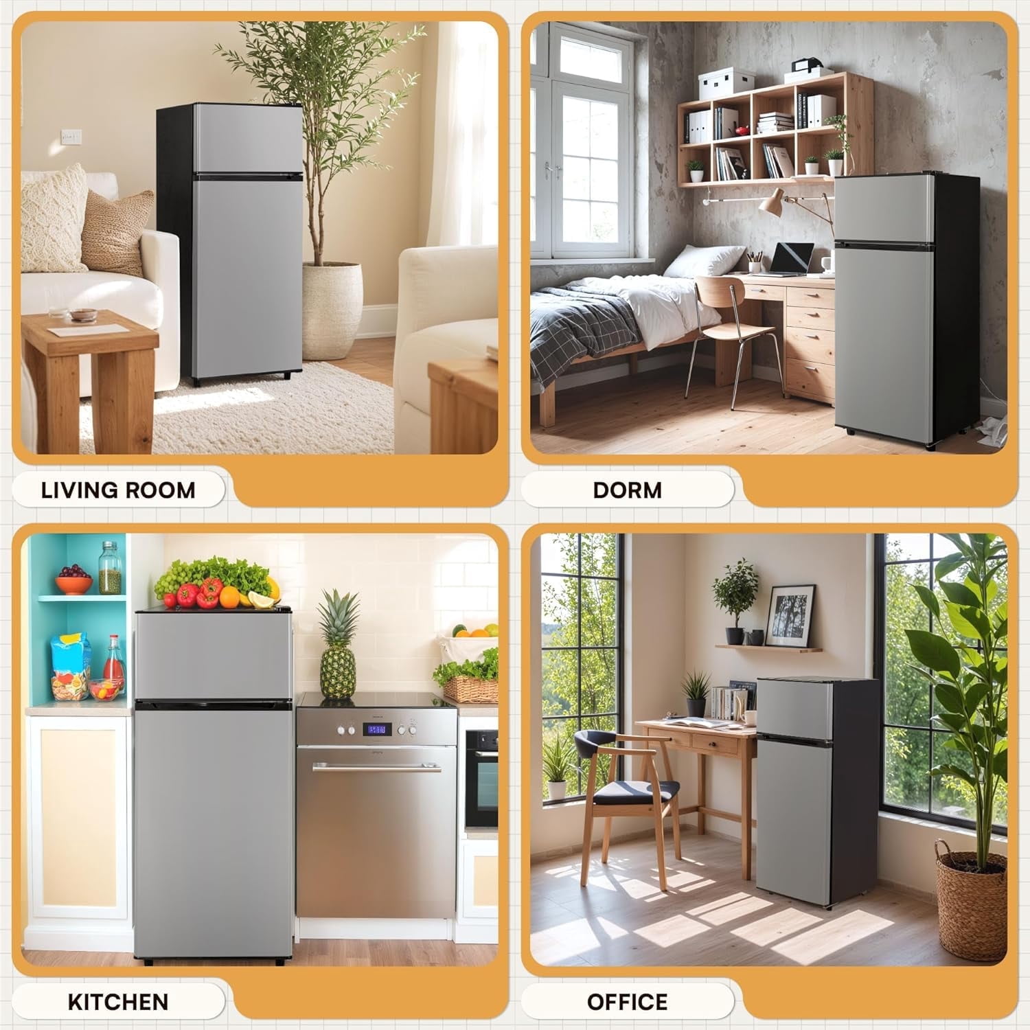 UrbanSync 4.5 Cu.Ft Mini Fridge with Freezer, 7 Temperature Settings, Featuring Adjustable Castors and Shelves, Suitable for Offices and Bedrooms (Silver)