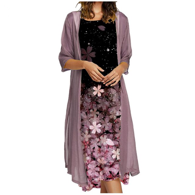TopLLC Robes d'Été pour Femmes Fluides à Imprimé Floral Ensemble Deux Pièces Robe en Chiffon Grande Taille Col Ras du Cou Robe Sans Manches Invitée de Mariage