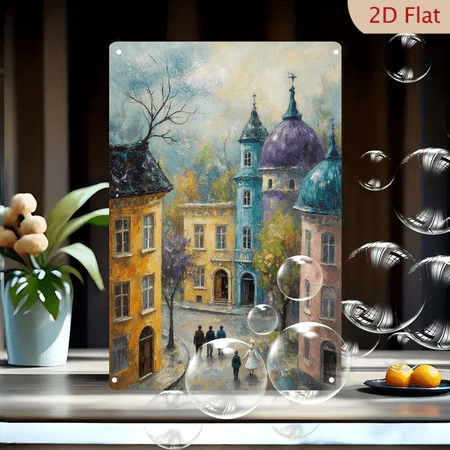 Colorful Impressionist European Town Square Wall Art, 8x12 Inch Metal Print with Cobblestone Path, Historic Towers, and Serene Figures for Living Room Decor