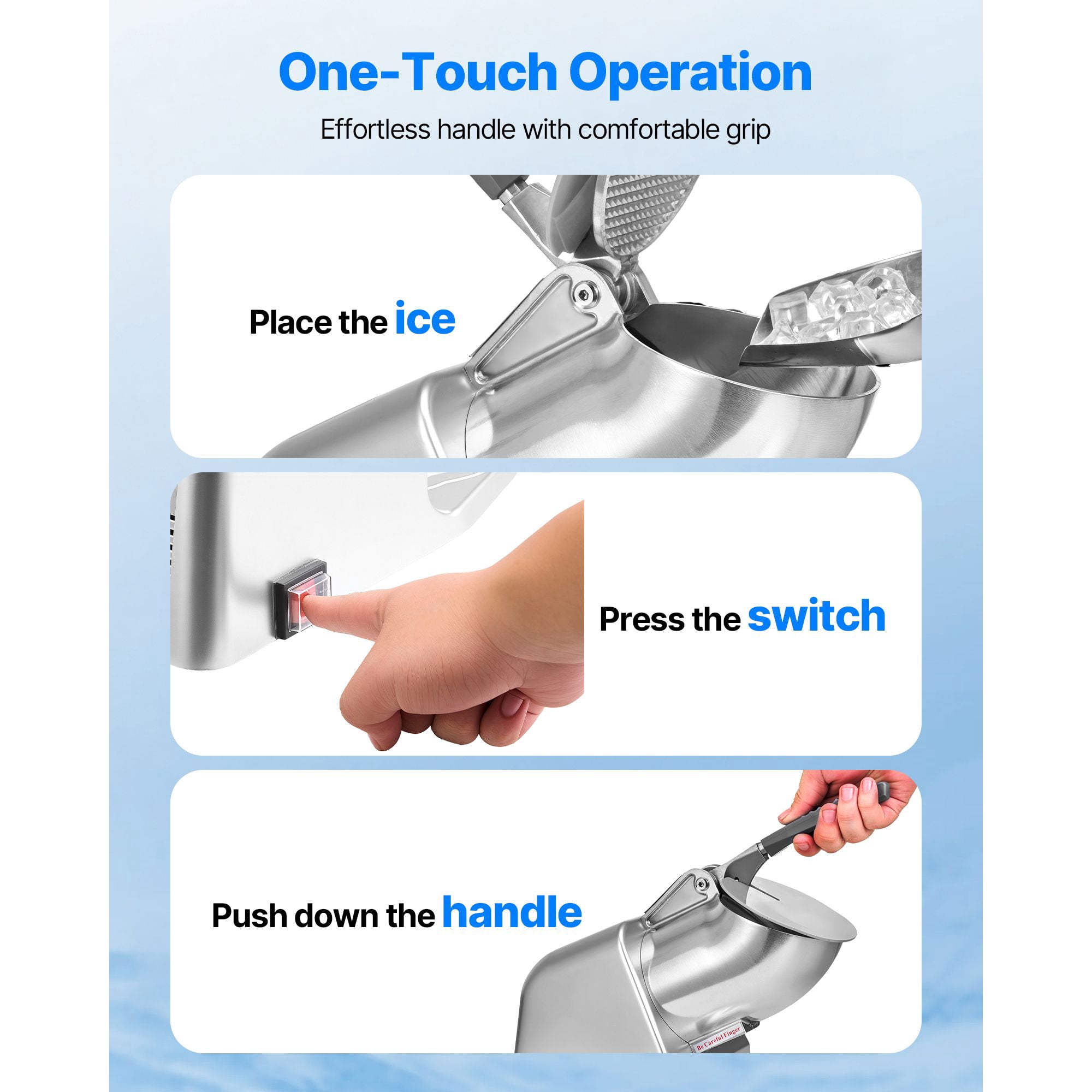Ice Crusher Machine 286 lbs/h, 300W, 4 Stainless Steel Blades, 2000 RPM, for Home Commercial Shaved Ice Snow Cones