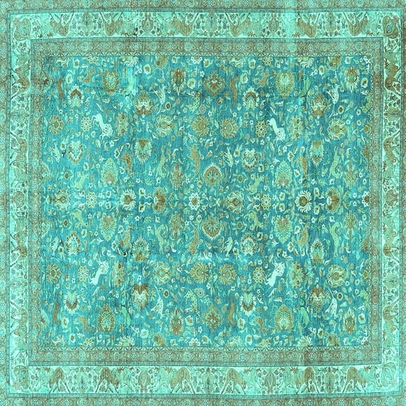 Ahgly Company Machine Washable Indoor Square Persian Turquoise Blue Traditional Area Rugs, 7' Square