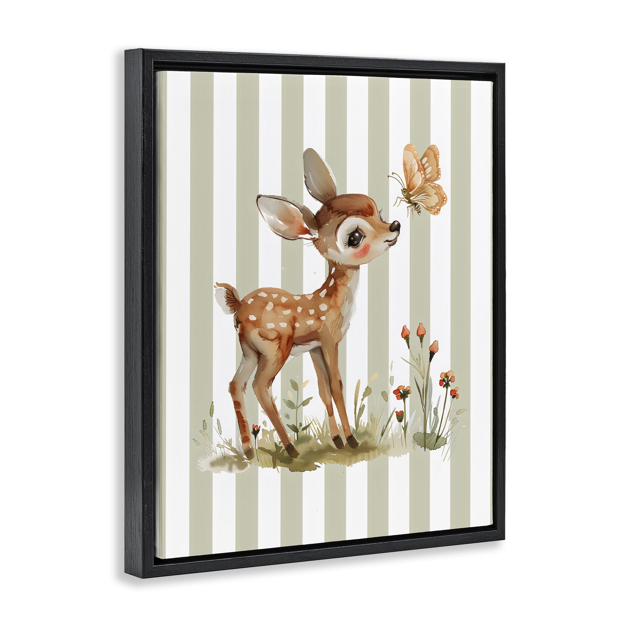 Stupell Industries Baby Deer with Butterfly Black Framed Floater Canvas Wall Art, design by LSR Design Studio