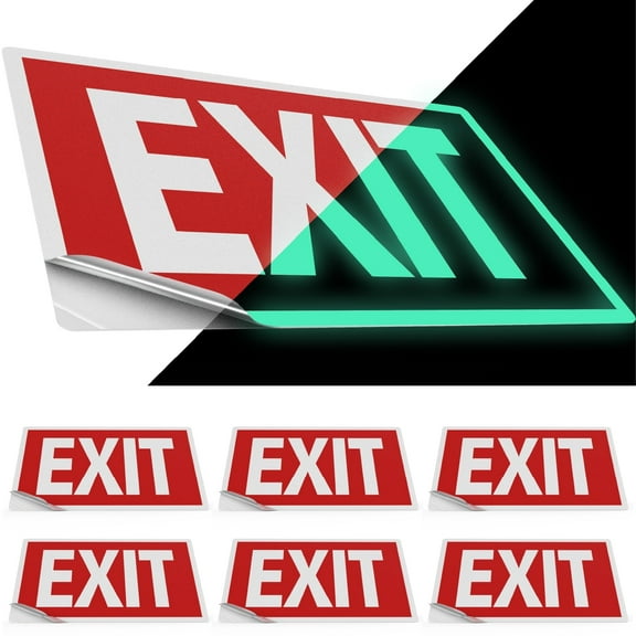 Sunco 6 Pack Photoluminescent Exit Signs, Glow In The Dark Emergency Sign, Non-Electrical, Adhesive Backing, Fade Resistant, Waterproof, Tear Resistant, Up to 50FT Visibility.