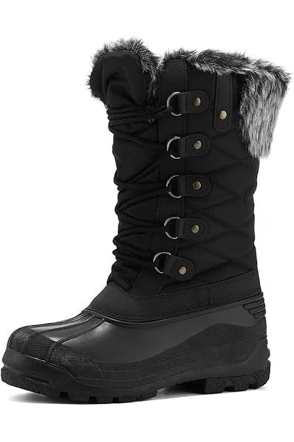 Pennysue Women's Mid-Calf Snow Boots Black Grid Warm Faux Fur Lined Winter Boots Insulated 6M