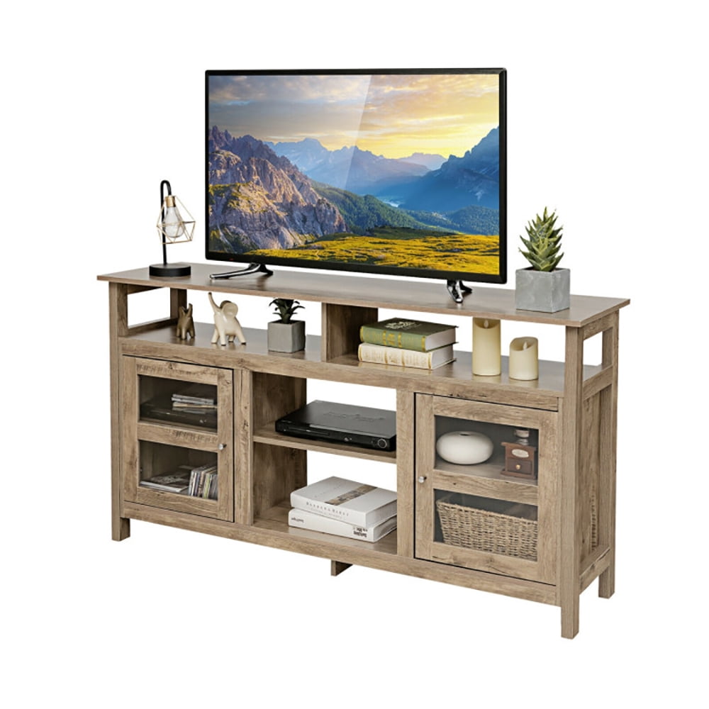 Finihen TV Stand, TV Cabinet, 58 Inch TV Stand Entertainment Console Center with 2 Cabinets, Media Entertainment Center with Storage, for Living Room, Bedroom, Natural