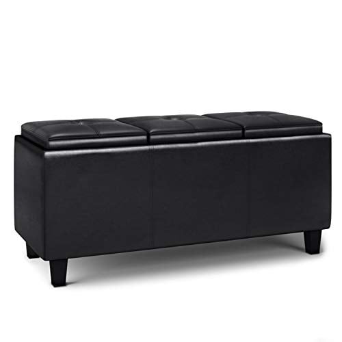 SIMPLIHOME Avalon 42 inch Wide Contemporary Rectangle Tray Storage Ottoman with Lift Up Lids in Midnight Black Faux Leather, Footrest Stool-, Footstool, for the Living Room, Family Room, Contemporary