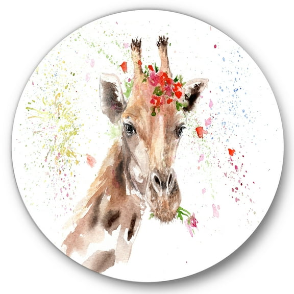 Designart 'Portrait of A Giraffe With Red Flowers II' Farmhouse Circle Metal Wall Art 36x36 - Disc of 36