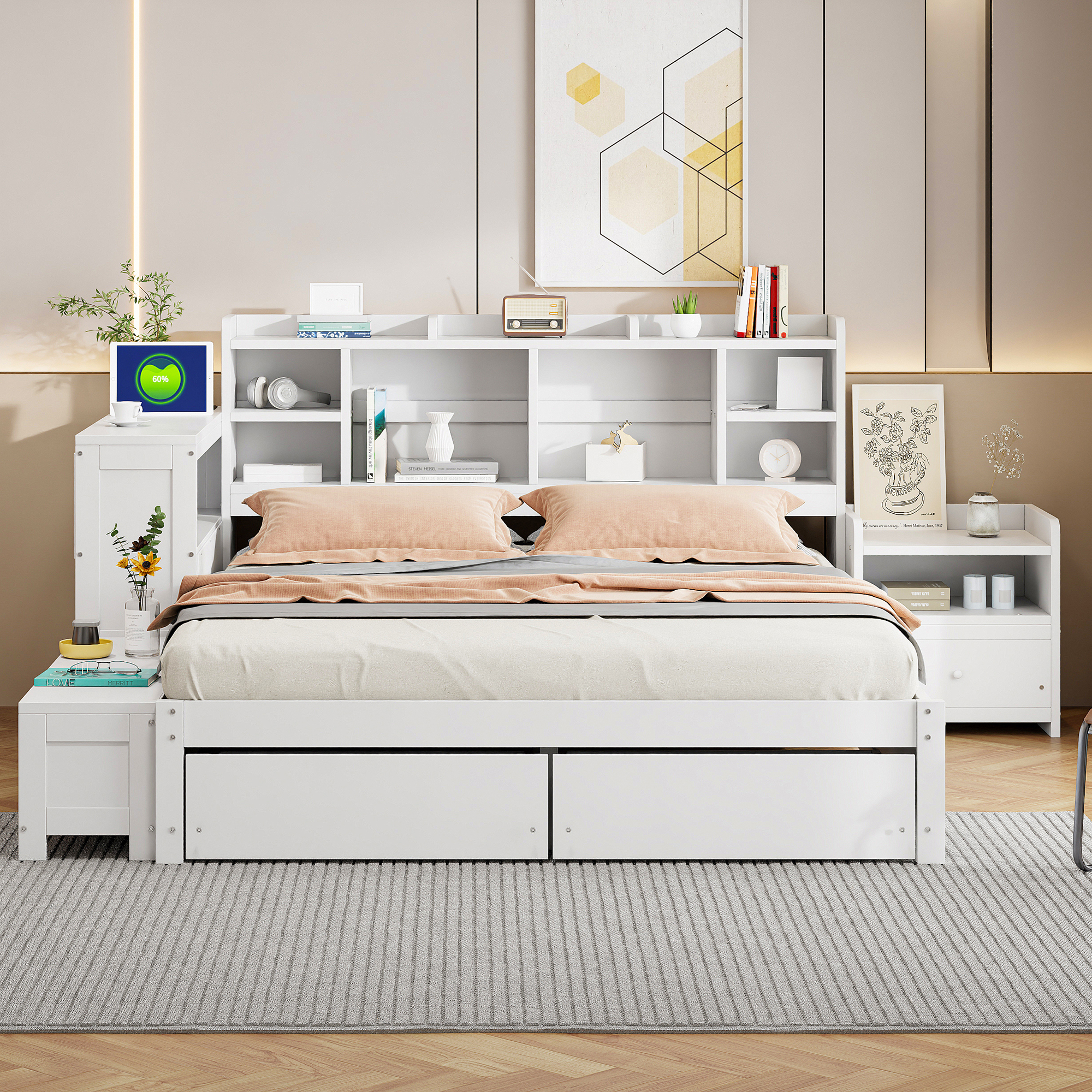 Euroco Wood Full Size Platform Bed with Nightstand and Drawers, Desk and Cabinets, USB Ports, White