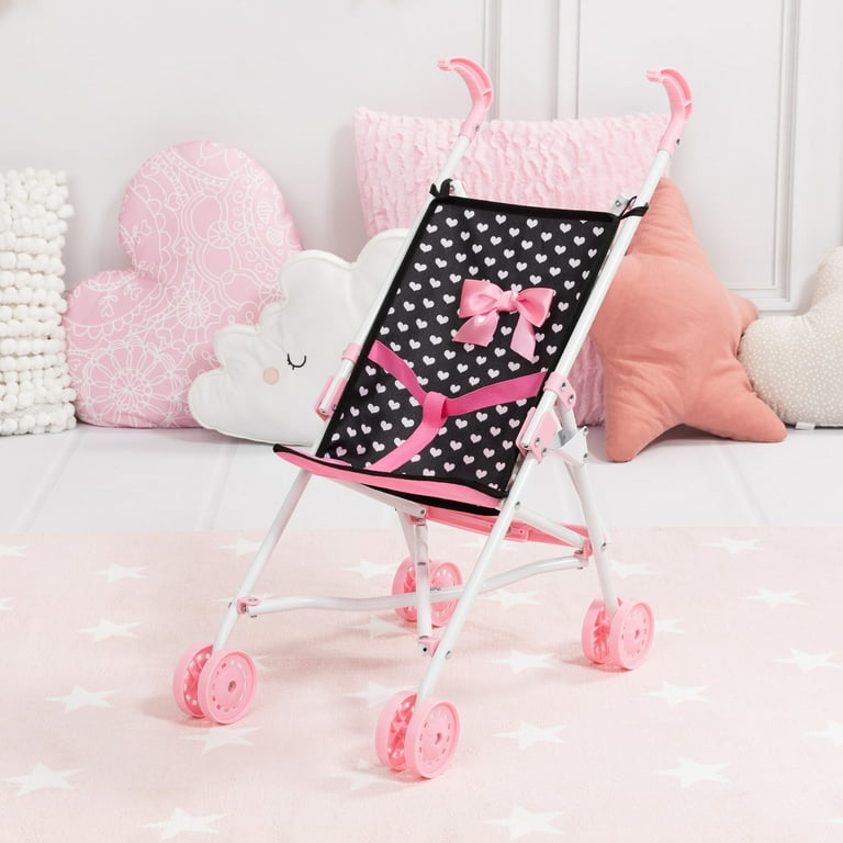 Buggy Umbrella Doll Stroller in Black Pink Hearts Fits Dolls Up