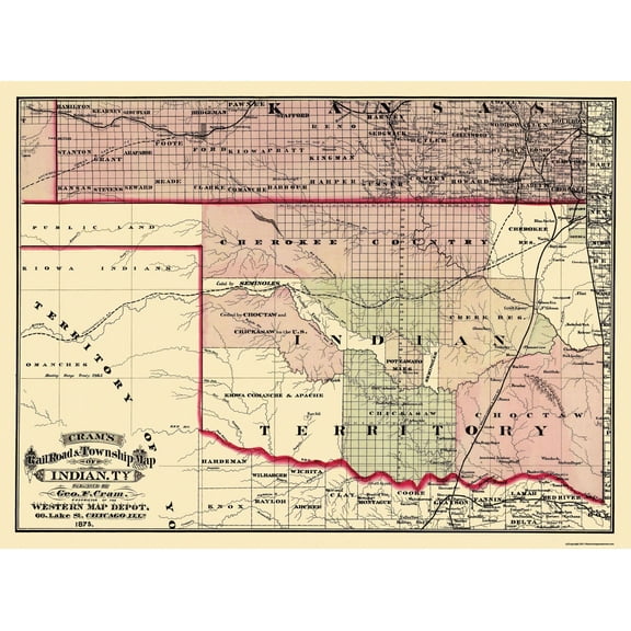 Historic State Map - Oklahoma Indian Territory - Cram 1875 - 31 x 23 - Vintage Wall Art
