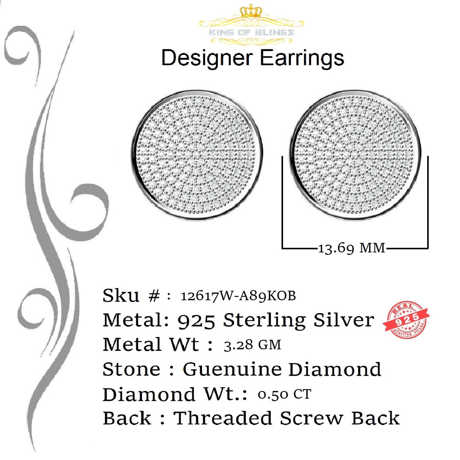 King of Bling's 925 Sterling Silver White Hip Hop 0.50ct Diamond Men's & Women's Stud Earrings
