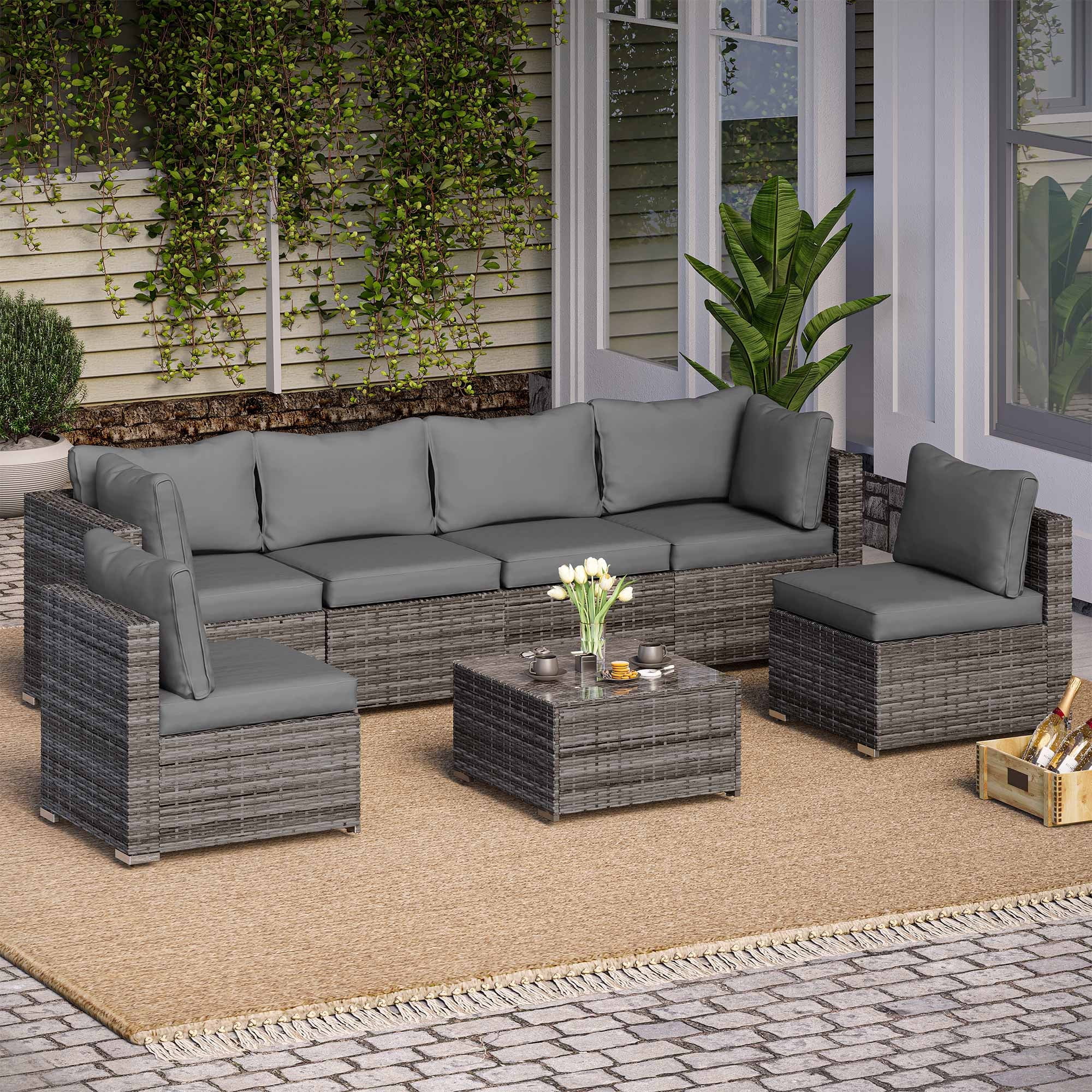 LAUSAINT HOME 7 Pieces Outdoor Furniture Set, Patio Sectional Conversation Set with 6 Chairs and 1 Coffee Table, Gray Cushions
