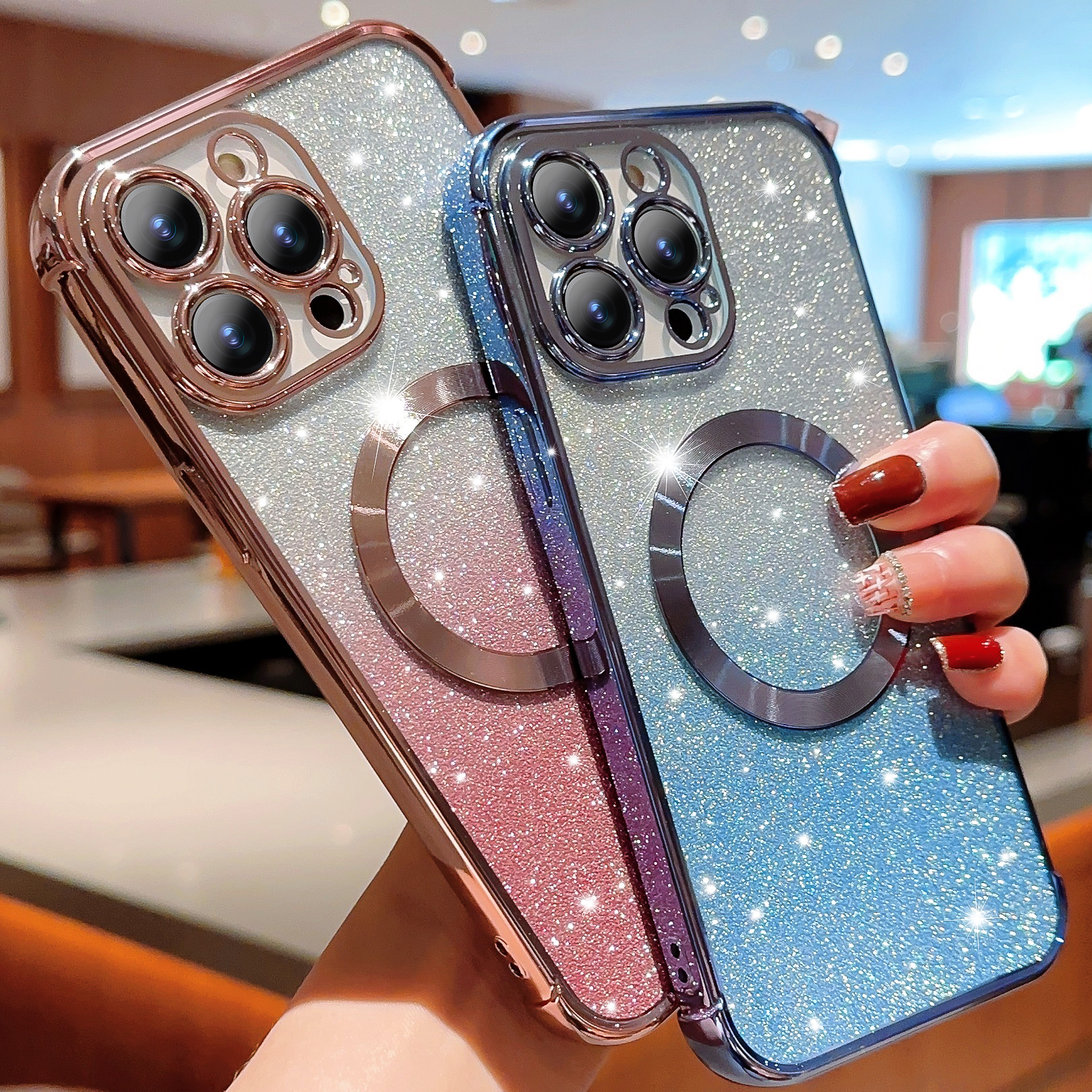 Cover Per IPhone 15 Pro Max Con Glitter A Conchiglia, Compatibile MagSafe, Bianco – Custodia Magnetica In Silicone Antiurto Per Ragazze
