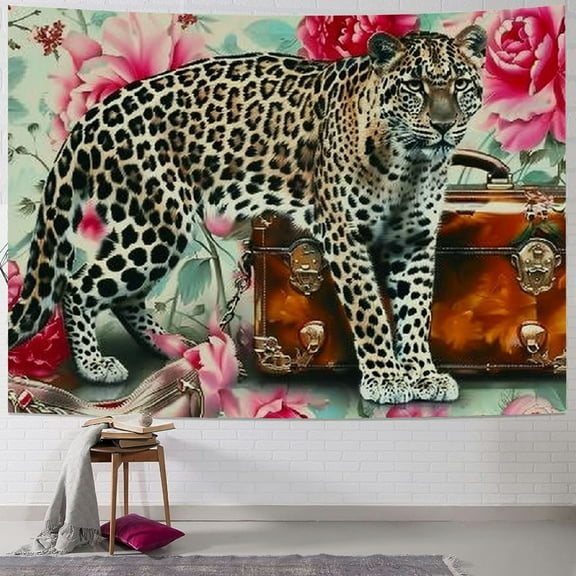 Shiartex  Girls Leopard Cheetah Print Tapestry Kids Pink Glitter Sliver Diamond Wall Hanging Art,Modern Fashion Beauty Theme Wall Blanket Women Heels Rose Decor Porch Hangings Painting 40x30inch