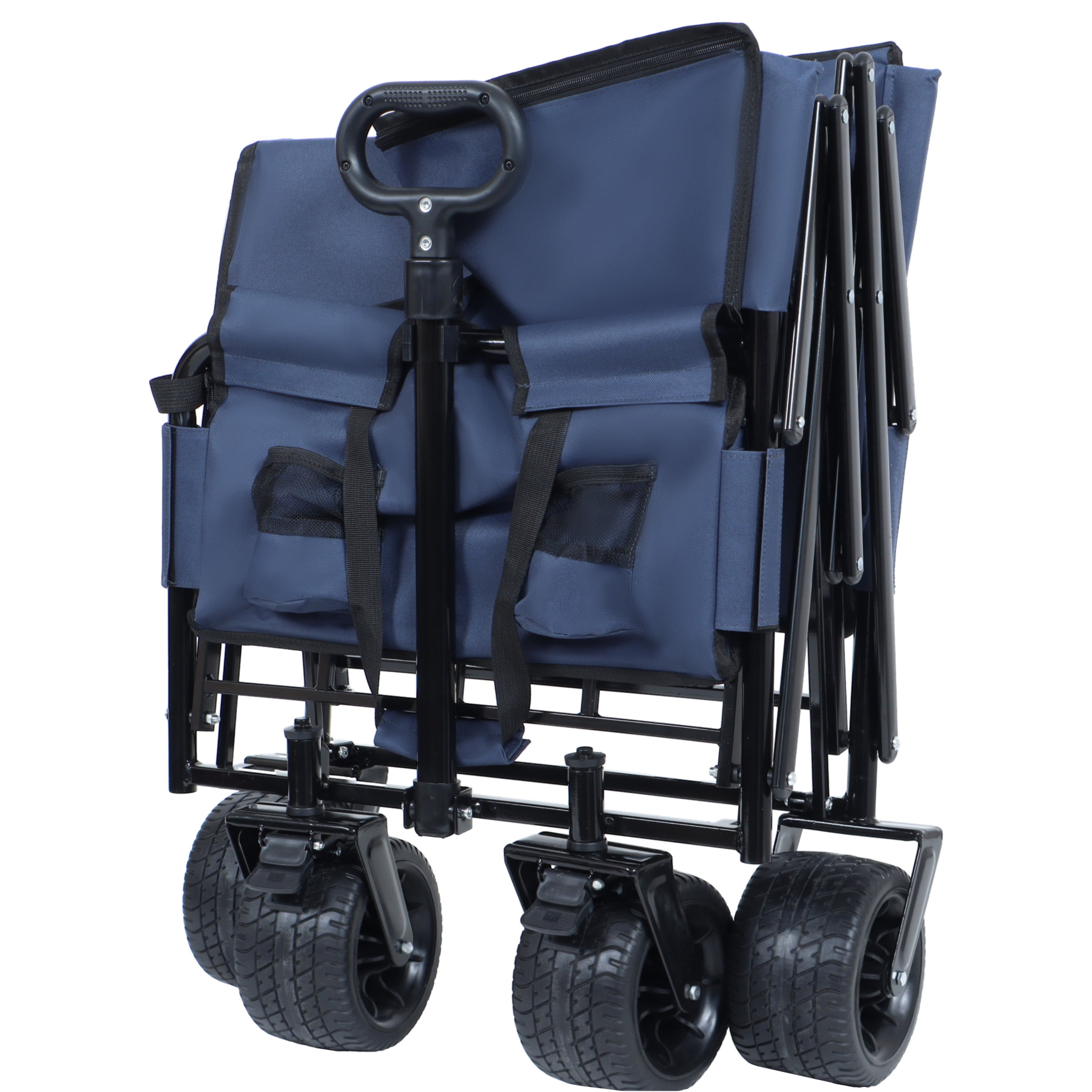 JXXRZ Folding Wagon with Seat, 500lb Heavy Duty Collapsible Utility Cart, All-Terrain Wheels, Large Capacity, Dark Blue