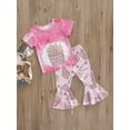 thumbnail image 3 of Franhais Girls Two-piece Summer Pants Suit, Printing Round Neck T-shirt and Bell Bottom Pants, Pink/ Yellow, 3 of 9
