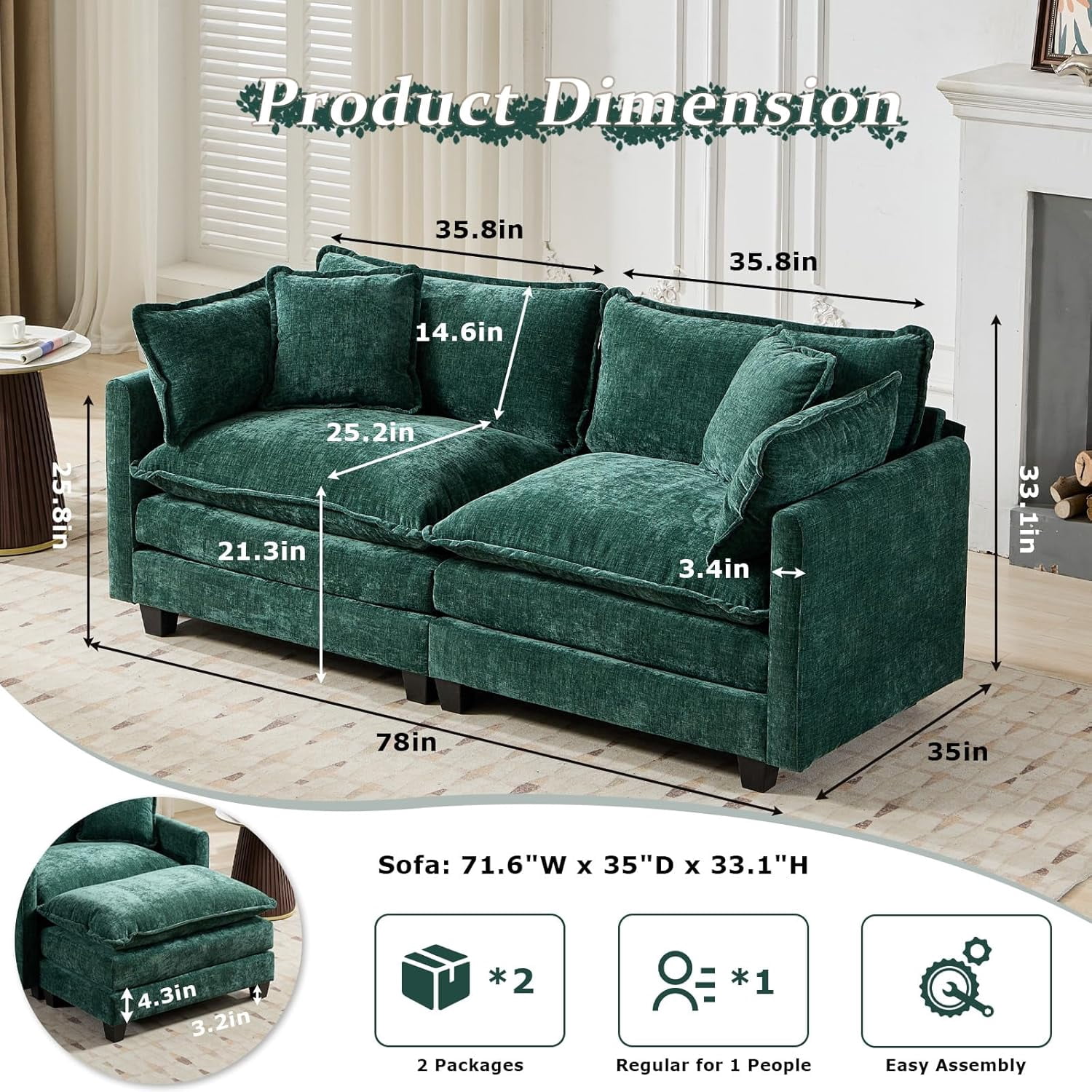 YWEN 77.95" Chenille Sectional Sofa, Comfy Modular Loveseat Sofa, Modern 2-Seat Couch Deep Seat Sofa Set for Living Room,Green