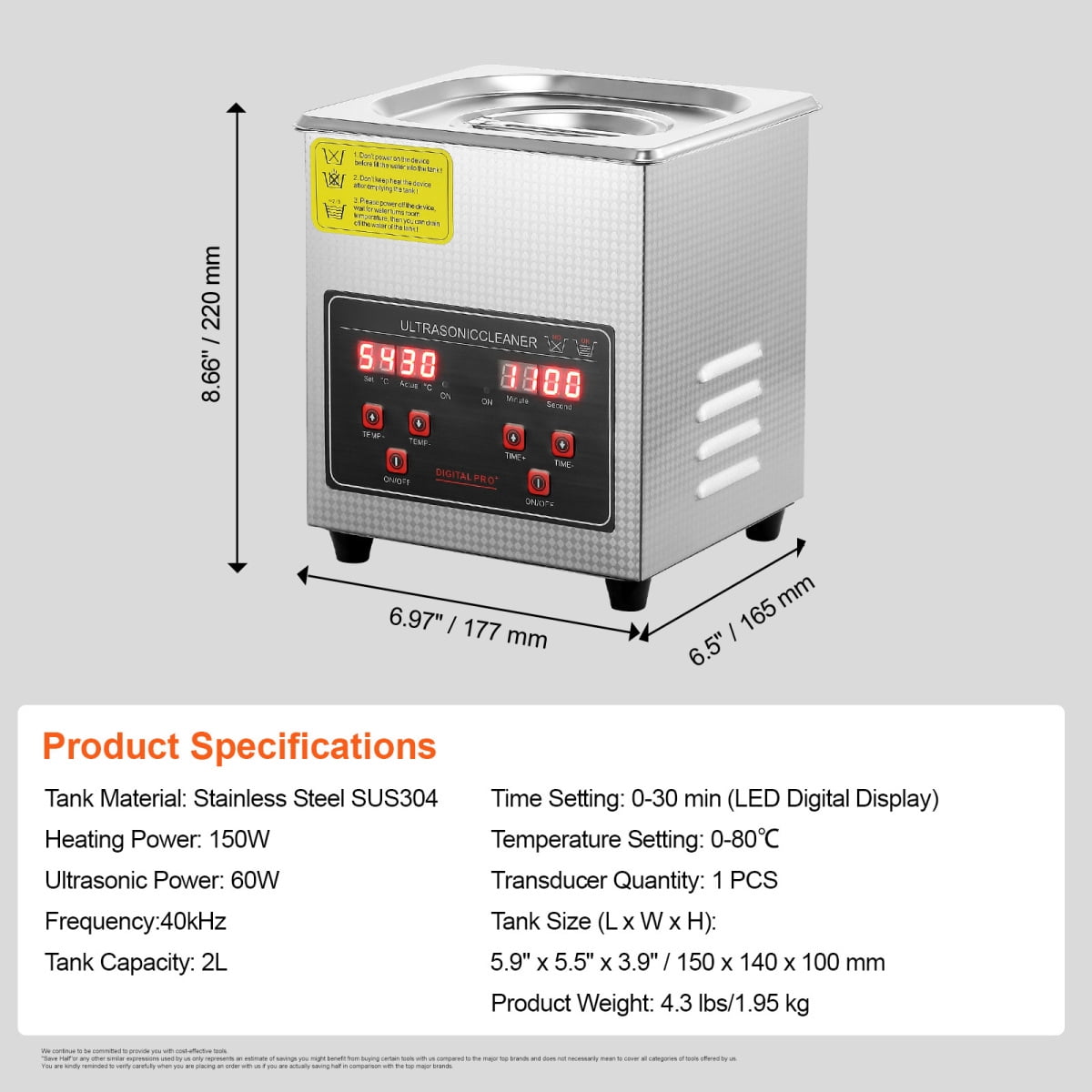 2L Ultrasonic Cleaner with Digital Timer Heater Stainless Steel Jewelry Glasses Cleaning Machine