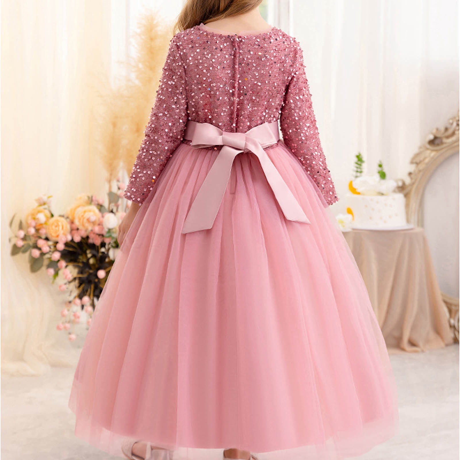 JSGEK Floral Girls Vintage Lace Long Sleeve Bridesmaid Dress Princess Wedding Party Pageant Evening Formal Prom Ball Gown Pink 8-9Years