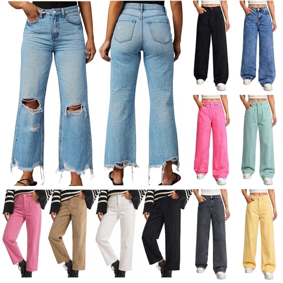 QIUOMBBP Women's Ripped Bell Bottom Jeans High-Rise Distressed Raw Edge Hem Pants with Pockets Wide Leg Boyfriend Denim Pants, Blue, XL