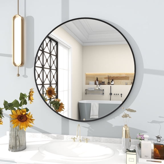 GLSLAND Bathroom Round 24" Large Wall Decor Mirror, Black