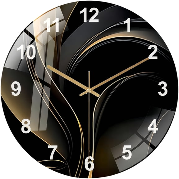 Round Glass Wall Clock, Glass Abstract Wall Clock Wall Art, Geometric Dark Tempered Glass Wall Clock , Modern Housewarming Gift, Unique Black And Gold Home Decor Style 12×12inch