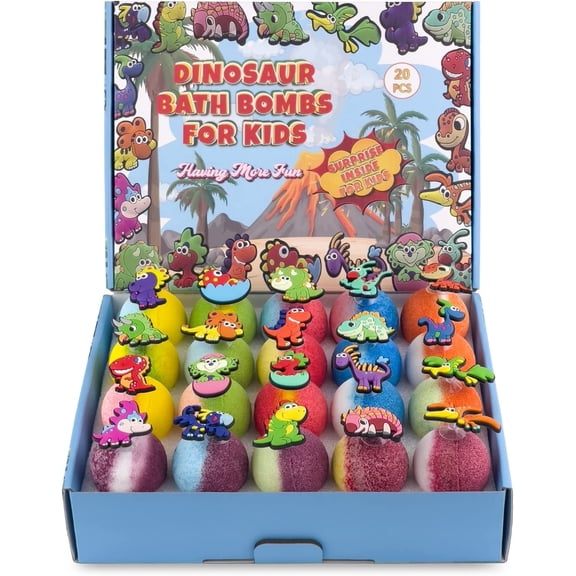 20PCS Bath Bombs for Kids, 🦖Dinosaur Suction Toys Inside, Natural Organic Kids Bath Bombs for Girls and Boys at Birthday, Christmas, Easter, Colorful Bubble Bath Fizzy Bombs for Toddler