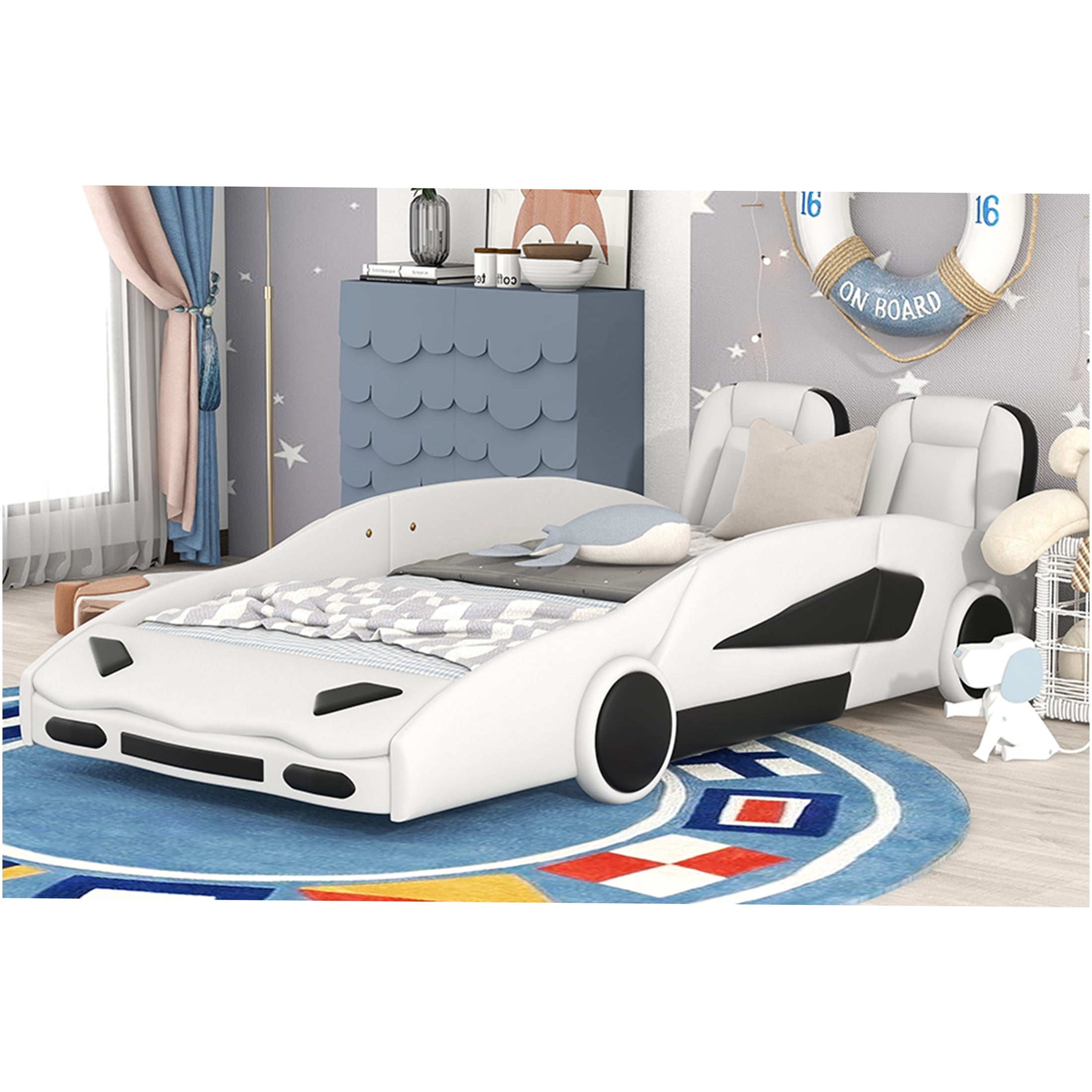 JERFIT Twin Size Race Car Bed Frame with Wheels, White PU Leather Platform Bed with Safety Guardrails Wood Slats Support, No Box Spring Needed