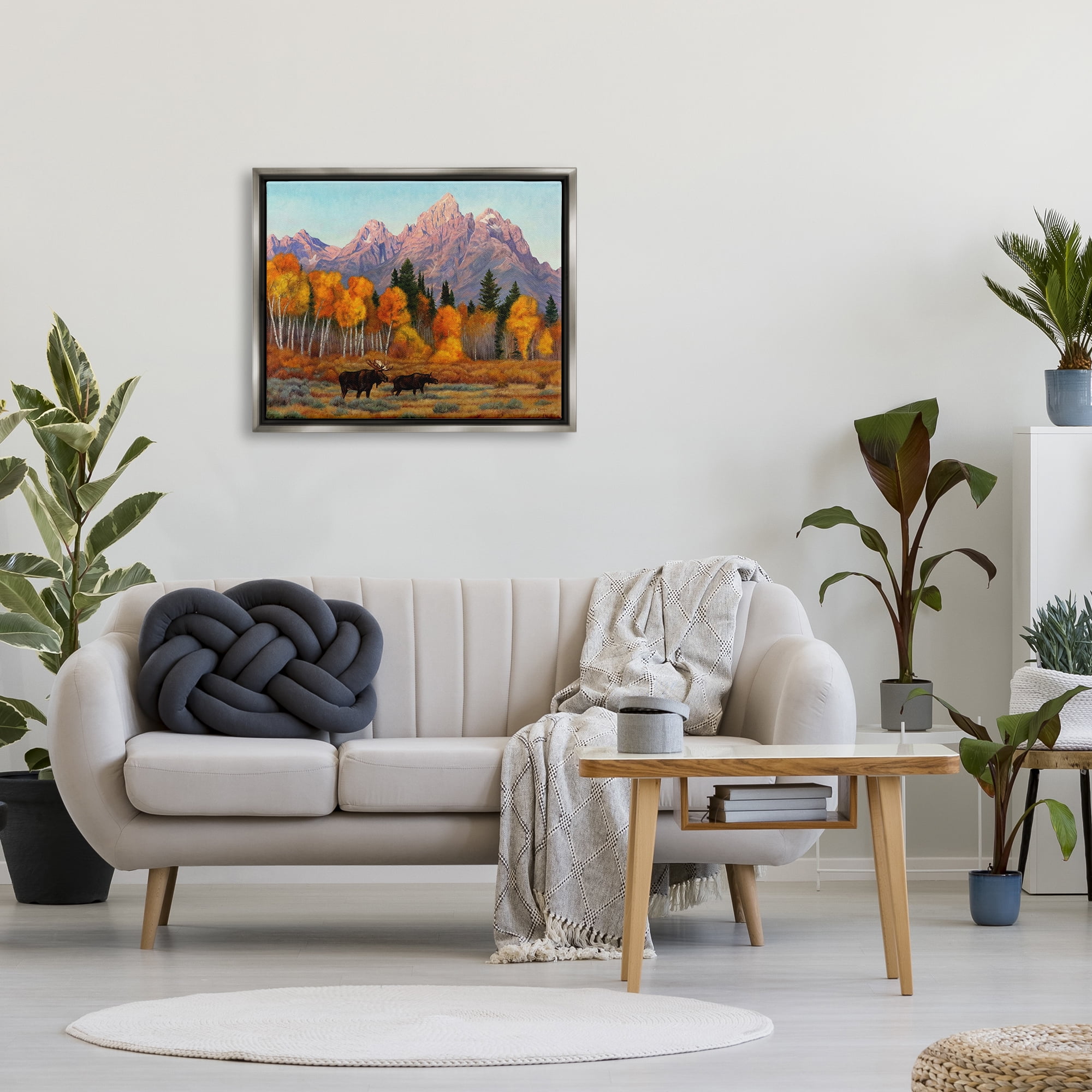 Stupell Industries Wildlife with Autumn Scenery Landscape Painting Gray Floater Framed Canvas Art Print Wall Art, 31 x 25