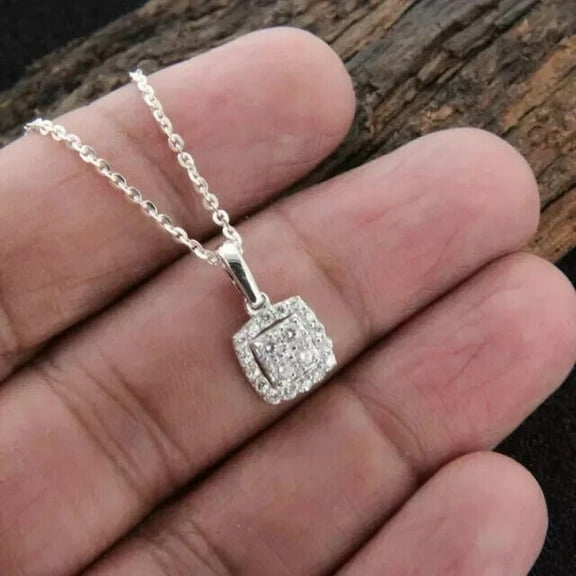 Cluster Sparkle 2Ct Round Cut Lab Created Diamond Necklace Pendant 14K White Gold Plated Free Chain