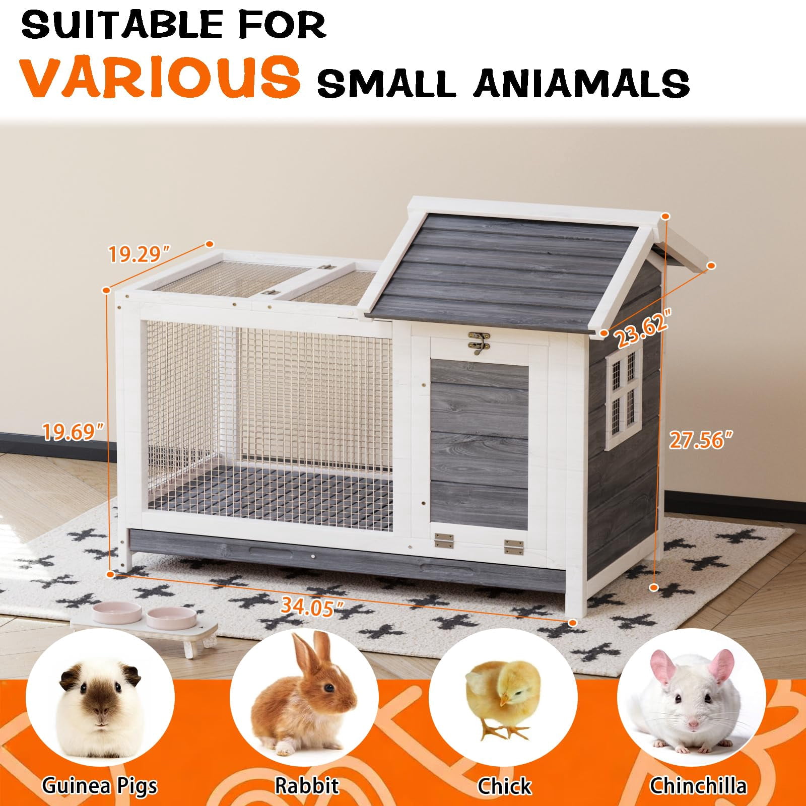 Home Outdoor Wooden Rabbit Hutch, 34'' Indoor Large Rabbit Cage with Nesting Box Chicken Coop Expandable, Weatherproof Bunny Cage with Anti-Chew Metal Frame Ramp for Backyard Small Animals