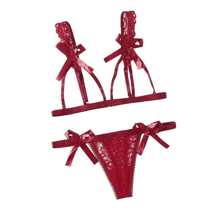 Odeerbi Women s Lingerie Set 2025 Valentine s Day Sexy Lingerie Lace Bowknot Bandage Hollow Out Perspective Temptation Babydoll Underwear Panties Underpants Sleepwear Suit Burgundy