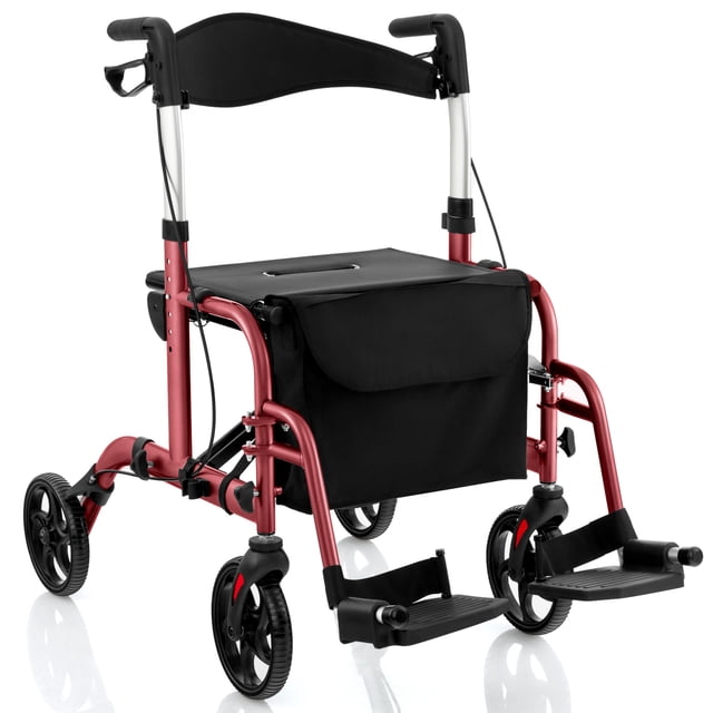 Giantex Déambulateurs à Roulettes 2 en 1 pour Aînés, Déambulateur à Roulettes Pliant avec Poignée Ajustable, Rouge