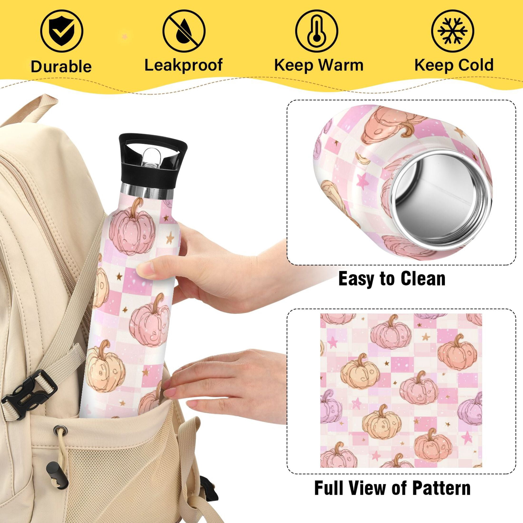 Kids Insulated Stainless Steel Sports Water Bottle 600ml (20oz) Pink and Peach-colored Pumpkins