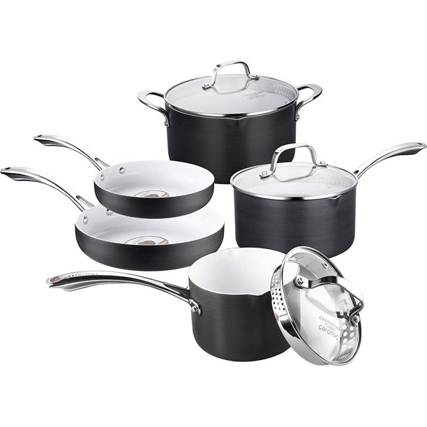 pots and pans set with straining lids