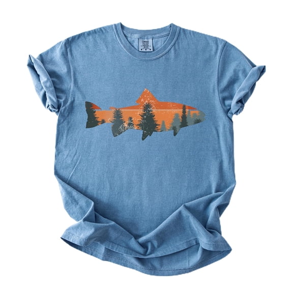 Trout Fishing Shirt for Men and Women Fish Sunset Tree Line Unisex Graphic T-Shirt Blue Jean Shirt Adult X-Large
