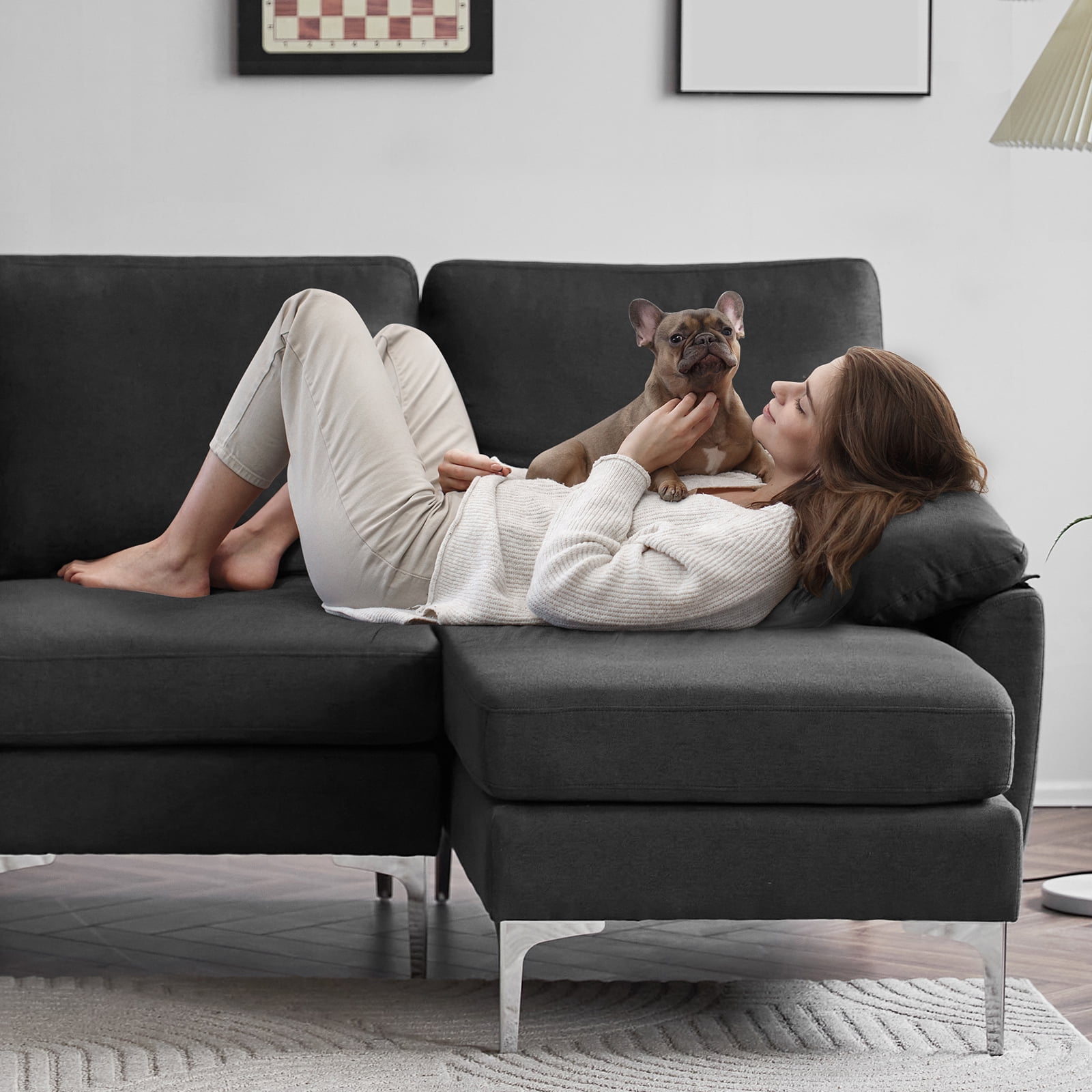 Ktaxon Sectional Sofa Set, L Shaped Linen Fabric Couch with Chaise Lounge, 4 Seats Sleeper for Living Room Black