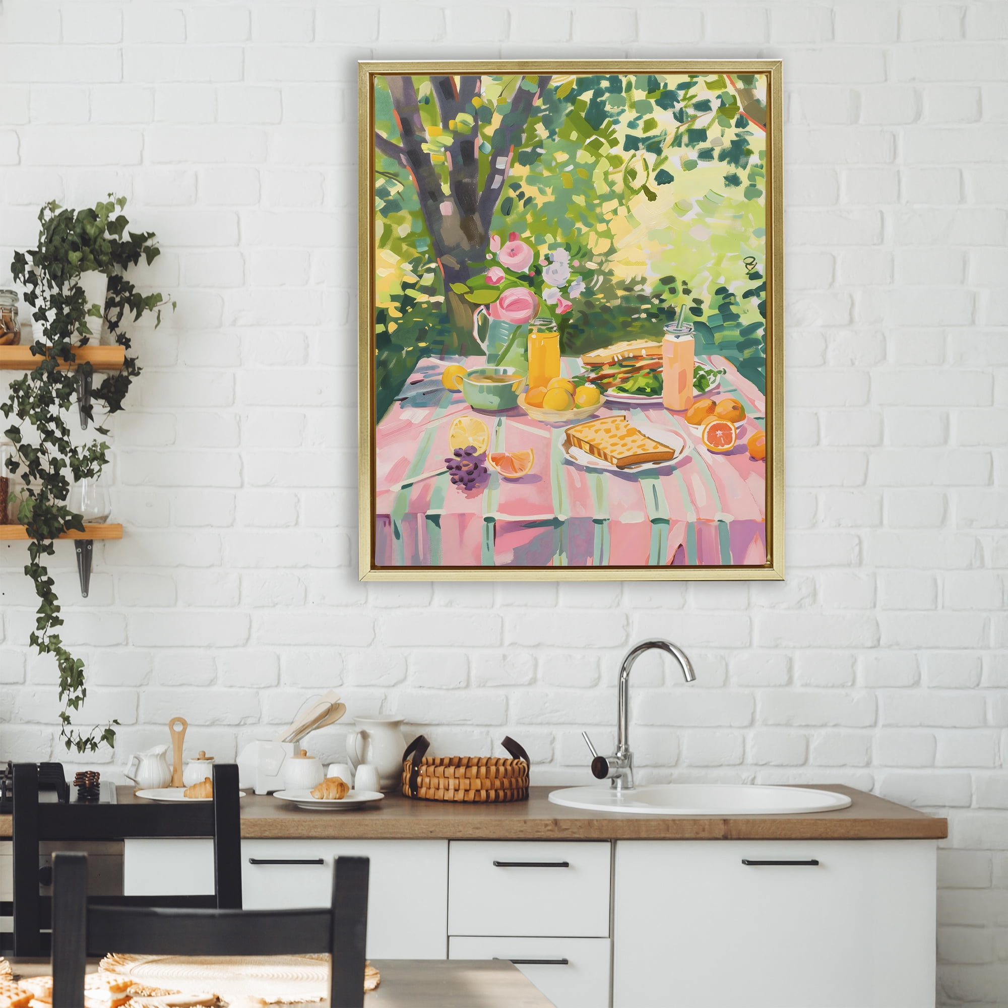Stupell Industries Breakfast Picnic in Garden Gold Framed Floater Canvas Wall Art, design by The Prints Vibe