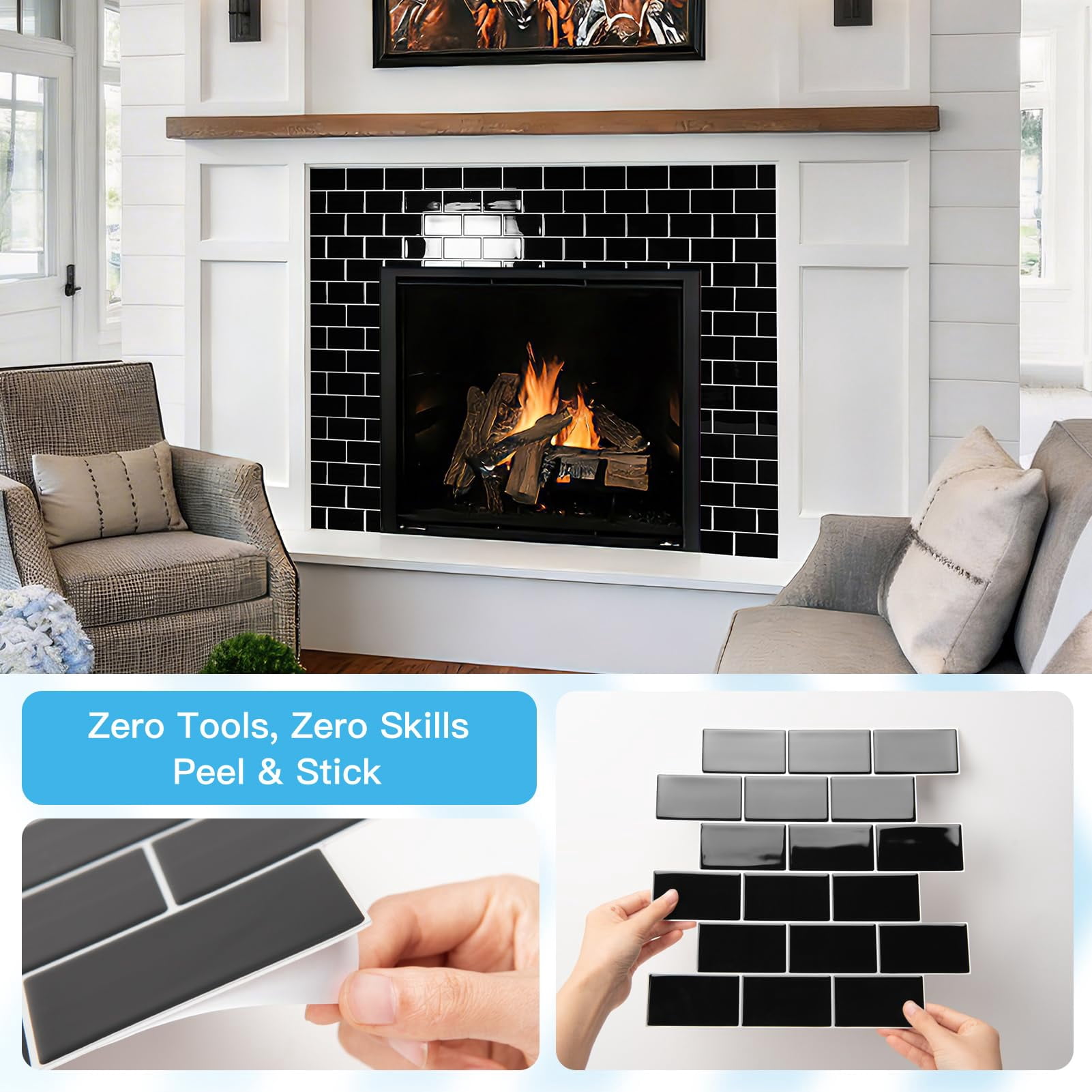 Peel And Stick Black With Grout Wall Tiles - 10-pack Of 12 X12 Thickened Design Backsplash  Self-adhesive Tile For Kitchen & Bathroom Decor