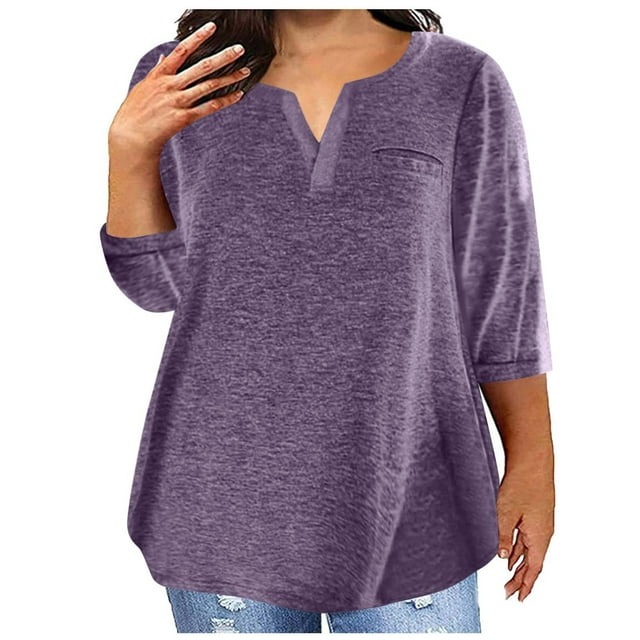 Puntoco 2024, tops de verano a la moda para mujer, tops de talla grande para mujer, blusa Sexy con cuello en V, blusa holgada informal sólida de verano con manga 3/4