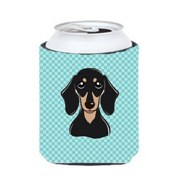 Checkerboard Blue Smooth Black and Tan Dachshund Can or Bottle Hugger